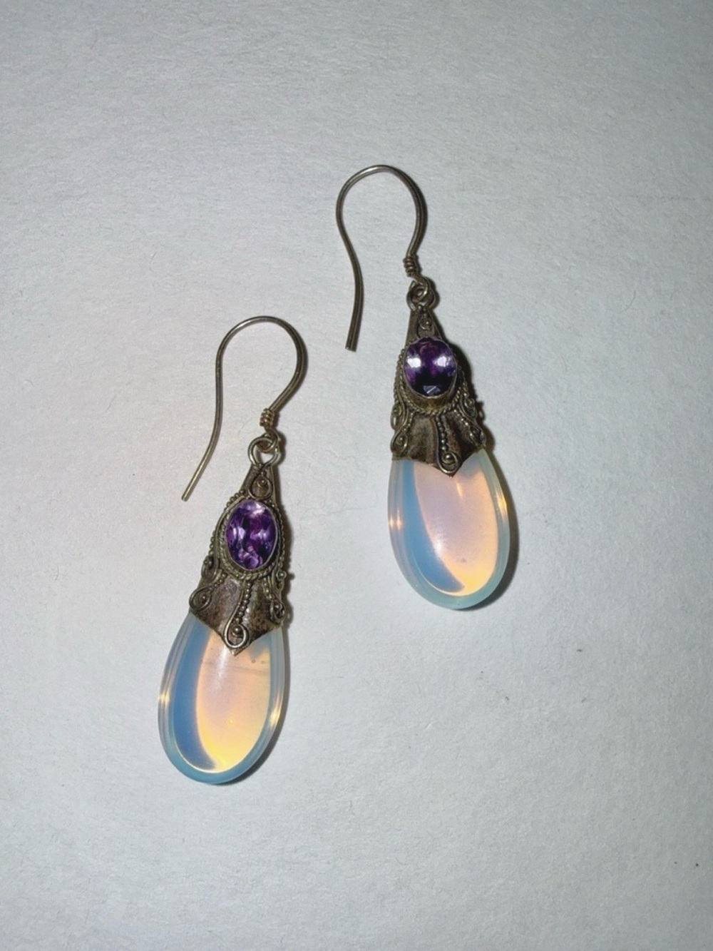 Vintage 925 Sterling Opalite Teardrop Earrings Filigree with Purple Amethyst
